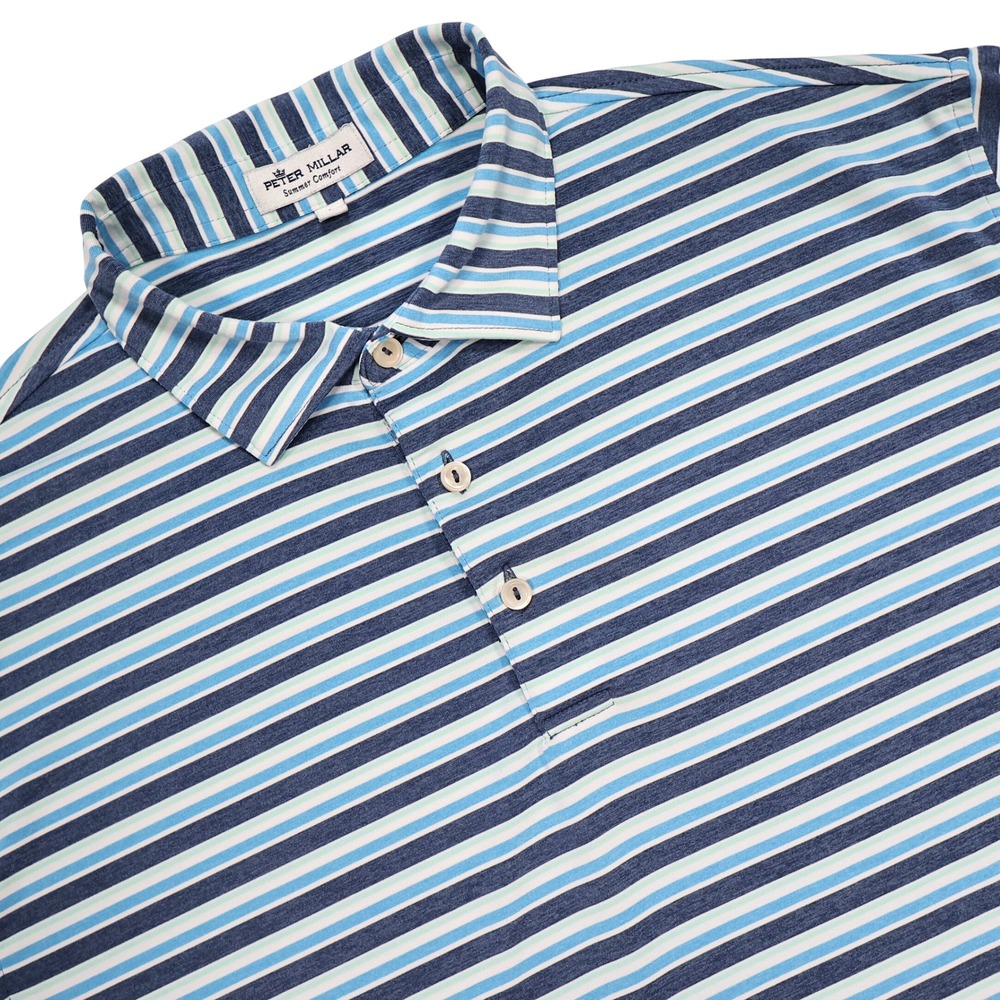PETER MILLAR Men's L Navy Green Striped Summer Comfort Performance Polo Shirt